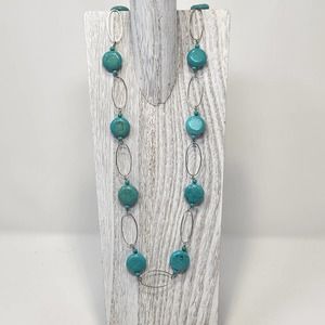 HDNY Blue Stone Dyed Howlite Silver Tone Oval Link Necklace Long Layering Boho